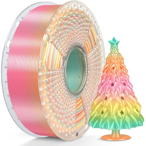 SUNLU Silk Rainbow PLA PLUS Filament, Schneller Farbwechsel alle 8 Meter, Mehrfarbiges Silk PLA+ 3D Druckerfilament, Gesamtlänge 330 Meter, 1KG Spule, Rainbow Filament(Blassgrün-Orange-Hellrosa-Gelb)
