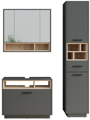 Vicco Badmöbel-Set Beatrice, Anthrazit/Sonoma, 80 cm | besteht aus Waschbeckenunterschrank, Spiegelschrank und Hochschrank