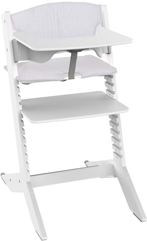 Geuther Kinderhochstuhl Holz Nala, Set Hochstuhl Baby +Tisch+Sitzkissen, mitwachsender & ergonomischer Kinderstuhl, höhenverstellbar mit One-Click-System, Babystuhl belastbar bis 90kg I Farbe Weiß