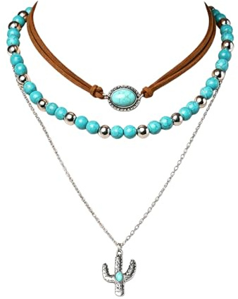 MILAKOO Western Halskette für Frauen Türkis Perlen Leder Choker Country Konzert Boho geschichteten Halskette
