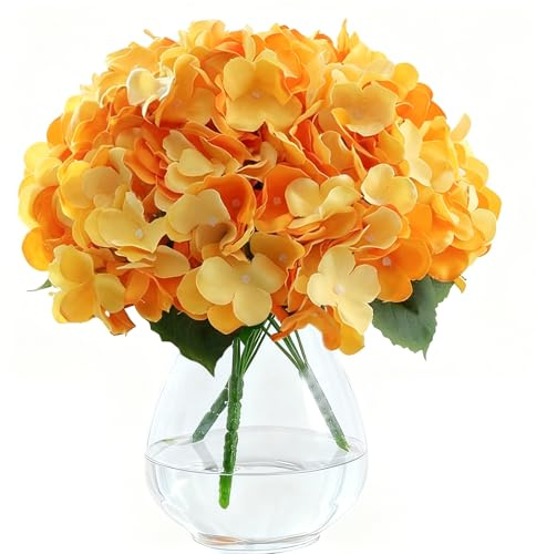 AMLUCKS Hortensias artificiales de seda, 15 cabezas, tacto real, hortensias artificiales con tallos de flores para ramos de boda, fiestas, decoración del hogar (3, naranja), 3 unidades