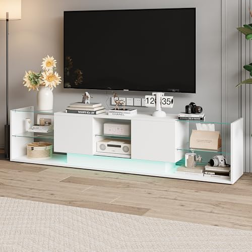 MIOOSUT - Mueble de TV de 200 cm de longitud, mueble Tele con LED, espacio de almacenamiento, moderno banco Tele bajo con espalda cajones y estante de cristal, para sala de estar, dormitorio (blanco