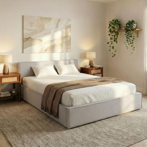 IDIMEX Polsterbett Pesaro 160x200 cm, Hellgrau – modernes Doppelbett mit Lattenrost, Stoffbezug aus 100% Polyester in Leinen Optik, mit Kopfteil für Schalfzimmer