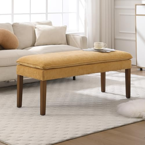 Ya-Home Bedroom Bench Wooden Dining Ottoman Bench Indoor, Yellow Chenille