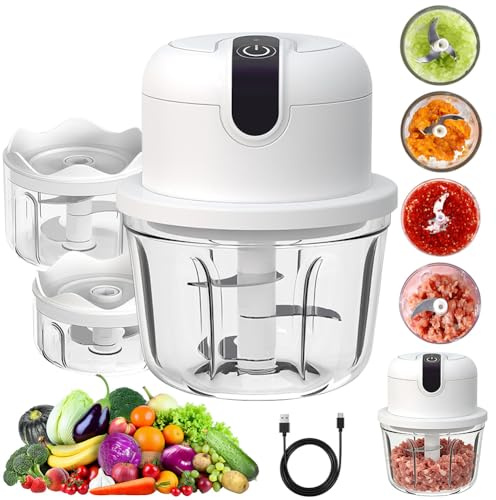 LOMUG Zwiebel Zerkleinerer Elektrisch Mini 100+250+350ml Gemüsezerkleinerer | USB-Aufladung Kabelloser Klein Häcksler Zwiebelschneider Elektrisch Mini Chopper für Fleisch Gemüse Obst Knoblauch Camping