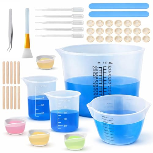 47 Stück Silikon Messbecher Epoxidharz Set, 1000ml/500ml/100ml Silikonbecher zum Gießen mit Rührstäbchen, Pipetten, Pinzette, Handschuhe, Silikon Bürste usw. für Epoxy Resin, DIY, Basteln, Labor