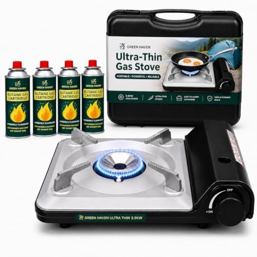 Green Haven Camping Stove | Compact Portable Gas Stove Single Burner Hob | PIEZO IGNITION READY: ultra slim · butane cartridge · heat control · tabletop · indoor outdoor · lightweight