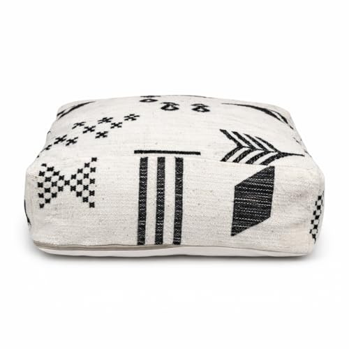 Kilim Pouf Bezug 60 x 60 cm Schwarz Muster handgefertigt ungefüllt | Handarbeit aus Marokko | Schwarzes Muster | Ungefüllt | Reißverschluss | Boho Design