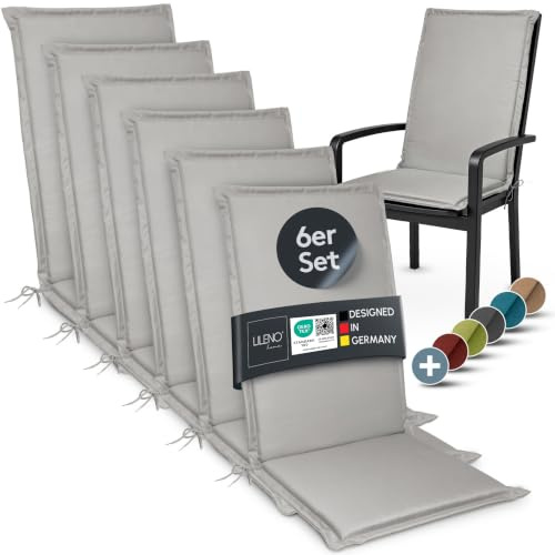 LILENO HOME Gartenstuhl Auflagen [6er Set - Hochlehner] in Grau - Bequeme | Liegen als Sitzauflagen für Gartenmöbel - Stuhlkissen für Gartenstühle und Klappstühle MIA