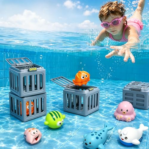 CelestiMingle Swimming Pool Diving Toys, Underwater Dive Rescue Game with 6 Ocean Animals & 6 Dive Cages, Search and Find Pool Toys for Kids, Summer Water Games Gift for Boys Girls Ages 6+