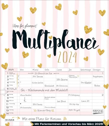 Multiplaner - Time for glamour 2024: Typo-Art Familienplaner, 7 breite Spalten. Schöner Familienkalender mit Ferienterminen, extra Spalte, Vorschau für 2024 und Herz-Datumsschieber. Format: 40x46 cm