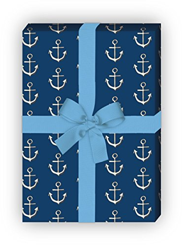 Kartenkaufrausch Nautisches Geschenkpapier Set 4 Bogen, Dekorpapier mit Ankern, blau, für schöne Geschenkverpackung, Musterpapier zum basteln 32 x 48cm