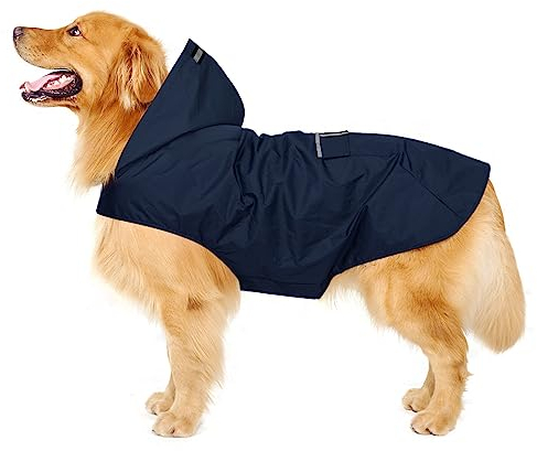 Zellar Hunderegenmantel mit Kapuze & Kragenloch & Sicheren Reflektierenden Streifen, Ultraleichte Atmungsaktive 100% wasserdichte Regenjacke für Mittelgroße bis Große Hunde, Blau, 3XL