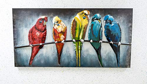 DYL Metall-Bild mit Papageien im 3D-Effekt | Moderne Kunst |Bunte Kakadus auf einer Stange | 60 x 120 x 5 cm