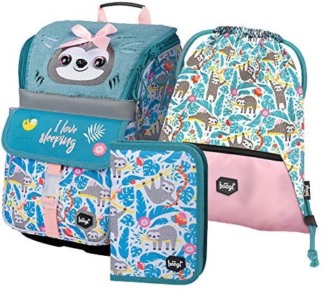 Baagl Schulranzen Mädchen Set 3 Teilig - Zippy Schultasche für 1. Klasse - Grundschule Ranzen Tornister mit Brustgurt - Ergonomischer Schulrucksack (Faultier)