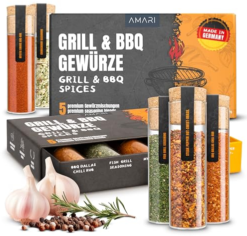 Amari® GRILL & BBQ Gewürze Set – 5 erlesene Grillgewürze Geschenkset – BBQ Rub Chili Gewürz Gewürzbox Grillen Steak Fleisch Fisch Gewürzmischung Grill