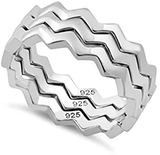 925er Sterling Silber Platin überzogene Drei Zickzack Bands Art Deco Stapelbare Bands Ringe (24)
