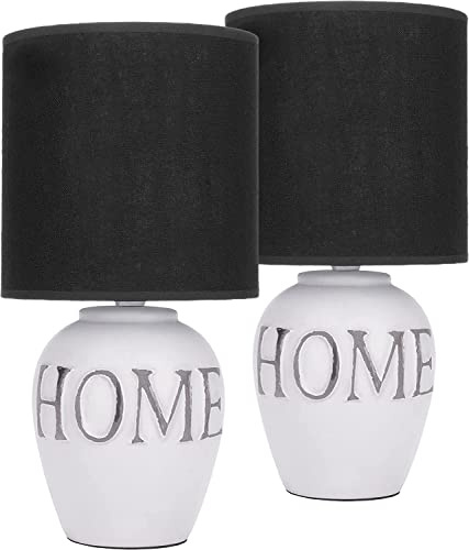 BRUBAKER 2er Set Tisch- oder Nachttischlampen Home - Weiß Grau | Tischleuchten mit Keramikfuß und Stoffschirm - 32,5 cm Höhe