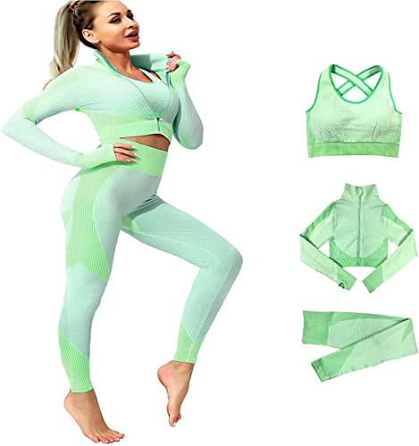 Veriliss Damen 3teiliger Gym Trainingsanzug Nahtlose Laufbekleidung Fitness Kleidung Jogginganzug Reißverschluss Kapuzen Fitness Jogging Tennis Laufen (Grün,M)