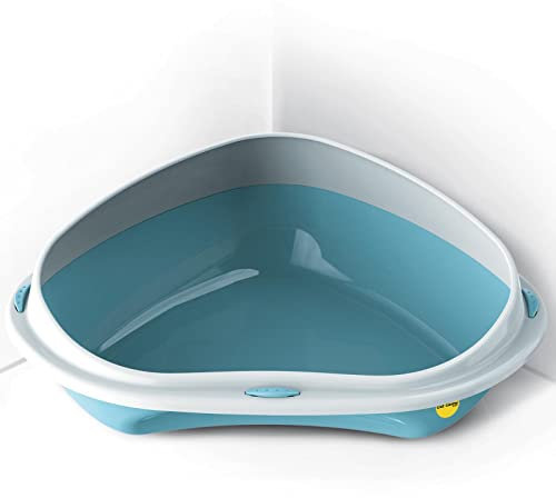 CAT CENTRE Blue Jumbo Corner Cat Open Litter Tray With Rim Kitten Pet Toilet Plastic Loo Pan Box Anti-Spillage Lowered Entry Step Rounded Corners Detachable Rim Easy Cleaning No Spilling