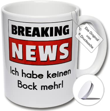 Lustige Tasse mit Spruch, Teetasse, Kaffeetasse BREAKING NEWS Ich habe keinen Bock mehr! Geschenk für Kollegen und Freunde (C: Weiß inkl weißem Tassendeckel)