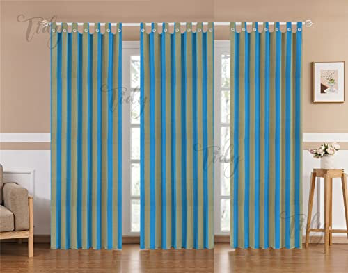 Tidy Schlaufenvorhang aus Baumwolle, gestreift, 3 Stück (blau mit gelber Farbe, lange Tür, 2,9 m x 1,2 m Breite)