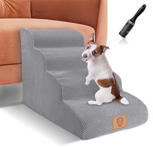 Myiosus Dog Steps for Bed, 4 Steps High Density Foam Pet Stairs with Removable Washable Cover, Non-Slip Dog Ramp for Small Medium Large Dogs and Cats, 73 x 40 x 53 cm, Grey
