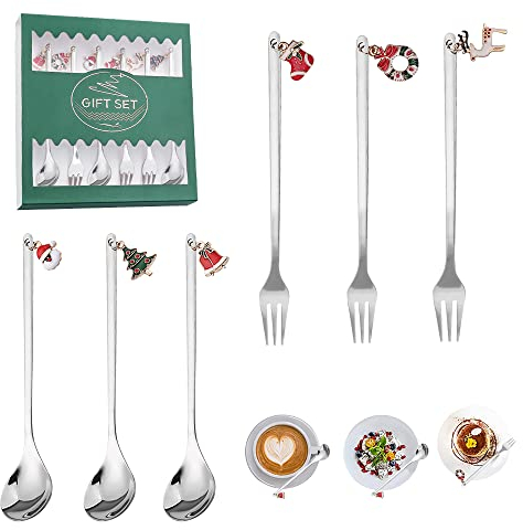 BUZIFU 6 Pcs Christmas Coffee Spoons Forks Set, 3 Stainless Steel Stirring Spoon Tea Spoon with 3 Christmas Dessert Forks Fruit Fork Cake Fork for Christmas Party Tableware Decorations, Gift Packing