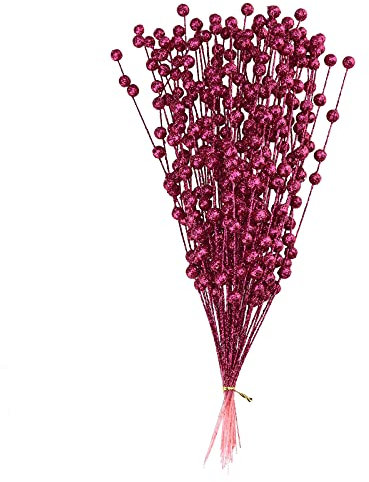 MISNODE 100 Pcs Artificial Holly Berries, 40cm Fake Christmas Stems, Burgundy Berry Picks Holly Berries Branches, Artificial Glitter Berry Stem Ornaments, Rose Red