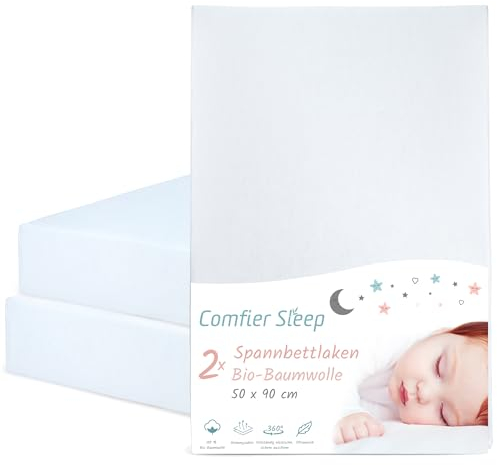 Spannbettlaken Kinderwagen 90x50 cm – 2er-Set Weiss Baby Spannbettlaken Aus Bio-Baumwolle – Waschbar & Weich – Für Kinderwagenmatratze