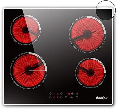 Electric Hob 4 Zons Cooksir, Ceramic Hobs 60cm Built-in, 6000W Electric Kitchen Cooker, 9 Power level, Safety Lock, 99 Mins Timer, 220V Hard Wired(No Plug)