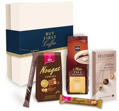 Geschenkbox „But first Coffee“ 530 g | Kaffee-Geschenkset mit Nougat, Schokolade & Pralinen von Viba & HEILEMANN inkl. Kaffee von arko | Geschenk für Kaffeeliebhaber