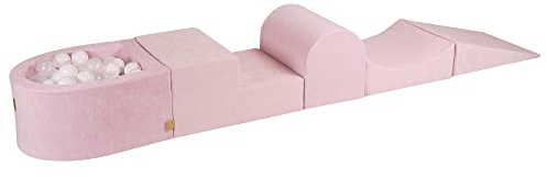 MEOWBABY Schaumstoff Bausteine Kinder - Bausteine XXL aus Schaumstoff mit Bällebad und 100 Bälle für Kinder - Baby Softbausteine zum Klettern, Samt, Hellrosa