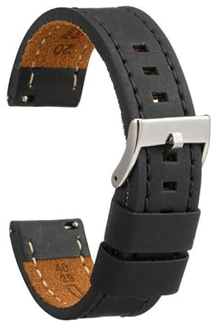 diloy Vintage Lederarmband gewachst weiße Naht XL – Extra lang handgefertigt – Für sportliche oder klassische Uhren – Größen 18mm 20mm 22mm 24mm 384EL Schwarz 22mm