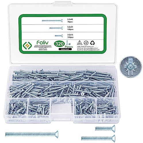 Foliv 320 PCS Geräteschrauben für Schalterdosen, Maschinenschrauben Sortimentsbox Ø 3,2x15mm, 3,2x25mm, 3,2x40mm, Senkschrauben aus Stahl Verzinkt mit PZ1/Schlitz, Für Reparatur instabiler Steckdosen