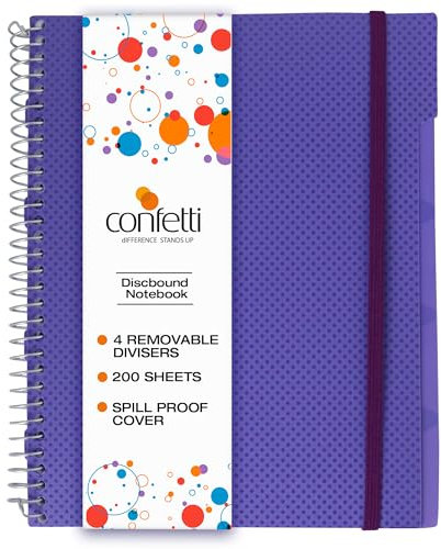 Confetti Spiralnotizbuch, gelocht, Schul- und Bürohefte, stabile Spiralbindung mit 4 Trennblättern und Aufbewahrungstasche, 200 Blatt, flieder/lila gepunktet
