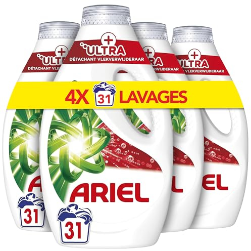Ariel Lessive Liquide, 4 x 31 Lavages, +Ultra Détachant, Élimine Les Taches Incrustées, Même Après 7 Jours, Fabriqué En France