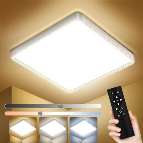 IAB Plafoniera LED Dimmerabile 30W 3095Lm Plafoniera LED Soffitto moderna 3000K-6000K con Telecomando, IP44 Plafoniera Bagno Lampada Soffitto Quadrata Ufficio Luce per Camera Cucina Garage 29x29x2,5cm