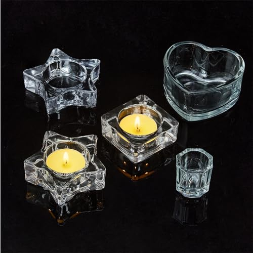 SUPERFINDINGS 5 portavelas de Cristal de 5 Estilos Juego de Portavelas con Forma de Corazón Estrella Octágono Cuadrado Salvamanteles Portavelas de Cristal Transparente 32~76x32~77mm