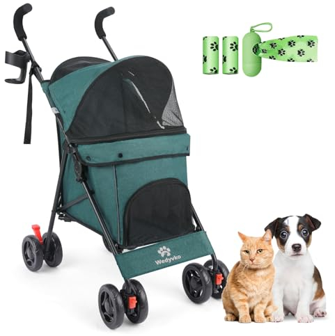 Wedyvko Regenschirm Hundebuggy für kleine Hunde 10 bis 9 kg, faltbarer Haustier-Kinderwagen, leicht, 4,1 kg, mit doppeltem 4-Rad-Schultergurt, Aufbewahrungskorb, Getränkehalter, Dunkelgrün