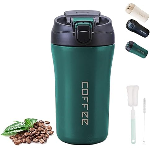 XIXIAMI Travel Mug 400ml Insulated Coffee Cup for Hot & Cold Drinks Car Thermos Mug with Straws & Cleaning Brush Leakproof Thermal Stainless Steel Tumbler Best Birthday Gift-Dark Green
