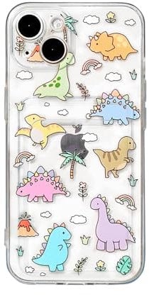 NITITOP Compatible for iPhone 13 Case Cute Clear with Card Holder Dinosaur Pattern Protective Soft TPU Shock-absorbing Wallet Case for iPhone 13-Dinosaur