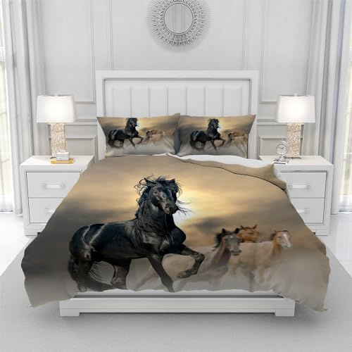 Gegeryozer Horse Pattern Bed Linen Set, 3D Printed Stallion Duvet Cover Set with Zip, Soft and Comfortable Microfibre Duvet Cover for Children, Boys, Girls, Adults (H4, 200 x 200 cm)