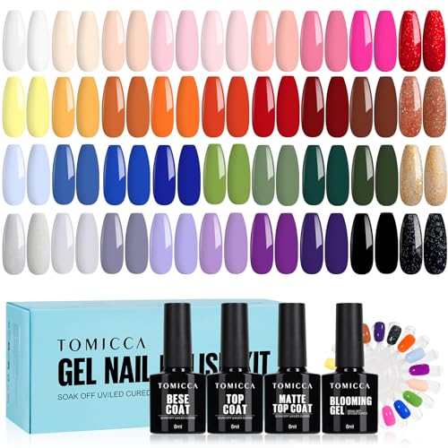 TOMICCA 40PCS UV Nagellack Set, 36 Farben Gel Nagellack & 4PCS Base Top Coat Set mit Blooming Gel & Rund Nagel Display Nagel Tip Ausstellung, für Nagelstudio und DIY Home