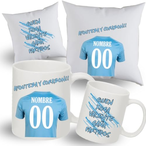 TAZA personalizada de equipos + COJIN personalizado CON RELLENO - Regalos originales - Regalos futbol - Camiseta equipos de futbol - Personaliza con tu nombre y tu numero la camiseta - (Celta)