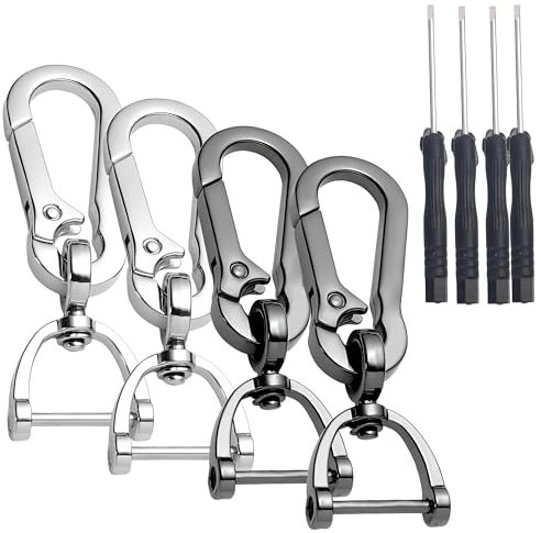 Anneau en D Porte-clés, 4 Pièces Fermoirs de Homard en Métal, Crochet Fermoir Rotatif avec 4 Mini Tournevis, Clip de Mousquetons Pivotant à 360°, Attache Porte Clés pour Homme Femme (Noir et Argent)