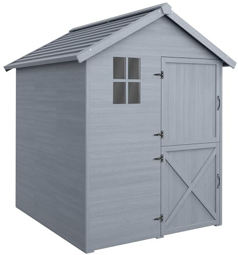 Outsunny 6 x 6.5FT Wooden Garden Shed, Floor Included Outdoor Storage Shed with Waterproof Apex Roof and Clear Window, Grey