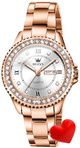 OLEVS Damen-Armbanduhr luxuriös Kristall Diamant formeller Edelstahl wasserdicht analog Quarz Datum leuchtende Uhr