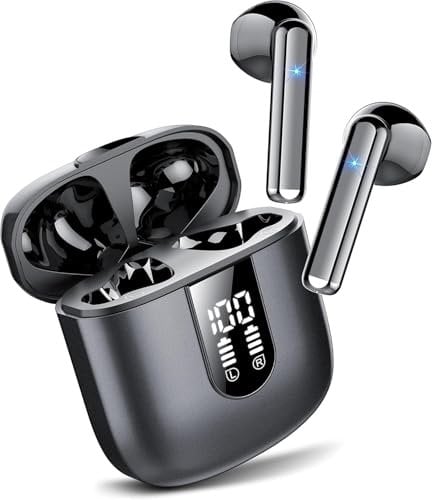 Jesebang Wireless Earbuds, 2025 Bluetooth 5.3 Headphones, Stereo Earphones with ENC Mic, Wireless Earphones in ear earbuds with Dual LED Display, 30H Playtime, Gym Headphones IP7 Waterproof, Black