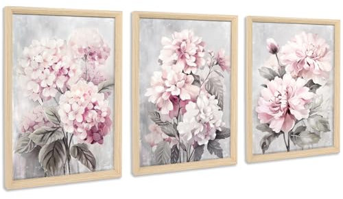 3Pcs Cadre en Bois Impression sur Toile Tableau Gris Rose Image sur Toile Hortensias Roses Pivoines Fleurs Peinture Tableau Decoration Murale Salon Chambre 90x40cm(12x16x3pcs) (Pas de plexiglas)